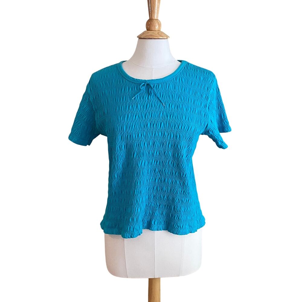 Erika Cotton Bright Blue Short Sleeve Textured Top, Retro, Coquette, Size M
